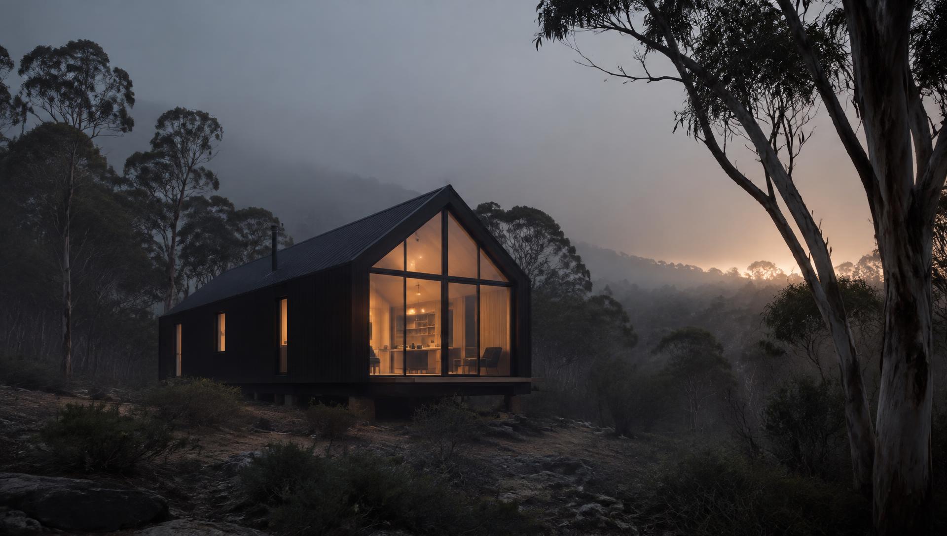 Black gabled MODAI cabin in misty bushland at dusk