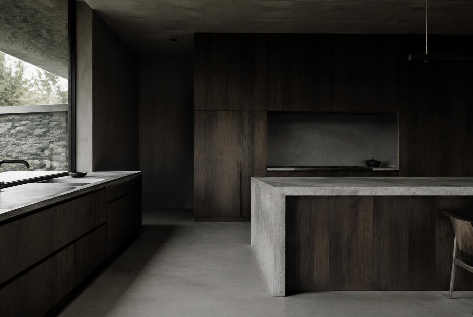 Dark timber and stone kitchen finishes